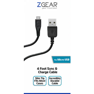 ZGEAR 4' MICRO USB DATA CABLE BK EA