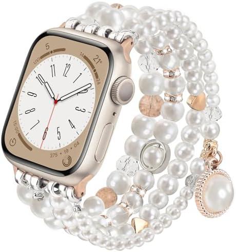 Set of 3 Packs, CAGOS Pearl Bracelet Compatible with Apple Wath Bands 38mm 40mm 41mm 42mm 44mm 45mm Women, Natural Pearl Beaded Charms Pretty Straps Dressy Designer Jewelry Stretchy iWatch Bands for Series 9/8/7/6/5/4/3/2/1/SE