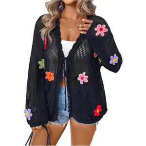 Verdusa Women's Plus Size Floral Crochet Knit Cardigan Bow Tie Front Lightweight Sweaters (3X-Large Plus, Black)