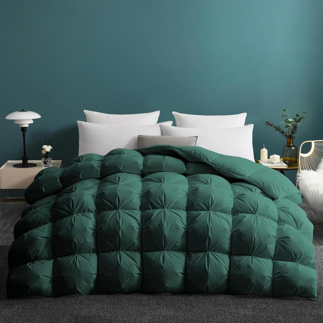 UNIKOME Pinch Pleat Goose Feather Down Comforter - 20% Extra Fill, 90oz, All Season Duvet Insert with 100% Cotton Cover, Cloud-Like Fluffiness (Green, Queen/Full, 90"X90")