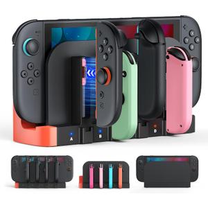 2 x [Switch 2/1 Controller Charger Dock] for Nintendo Switch 2 2025 for Joycons | 8 in 1 Portable Fast Charging Station Accessories, Dual-Direction Magnetic Stand with LED Indicator & Extra USB 2.0 Port