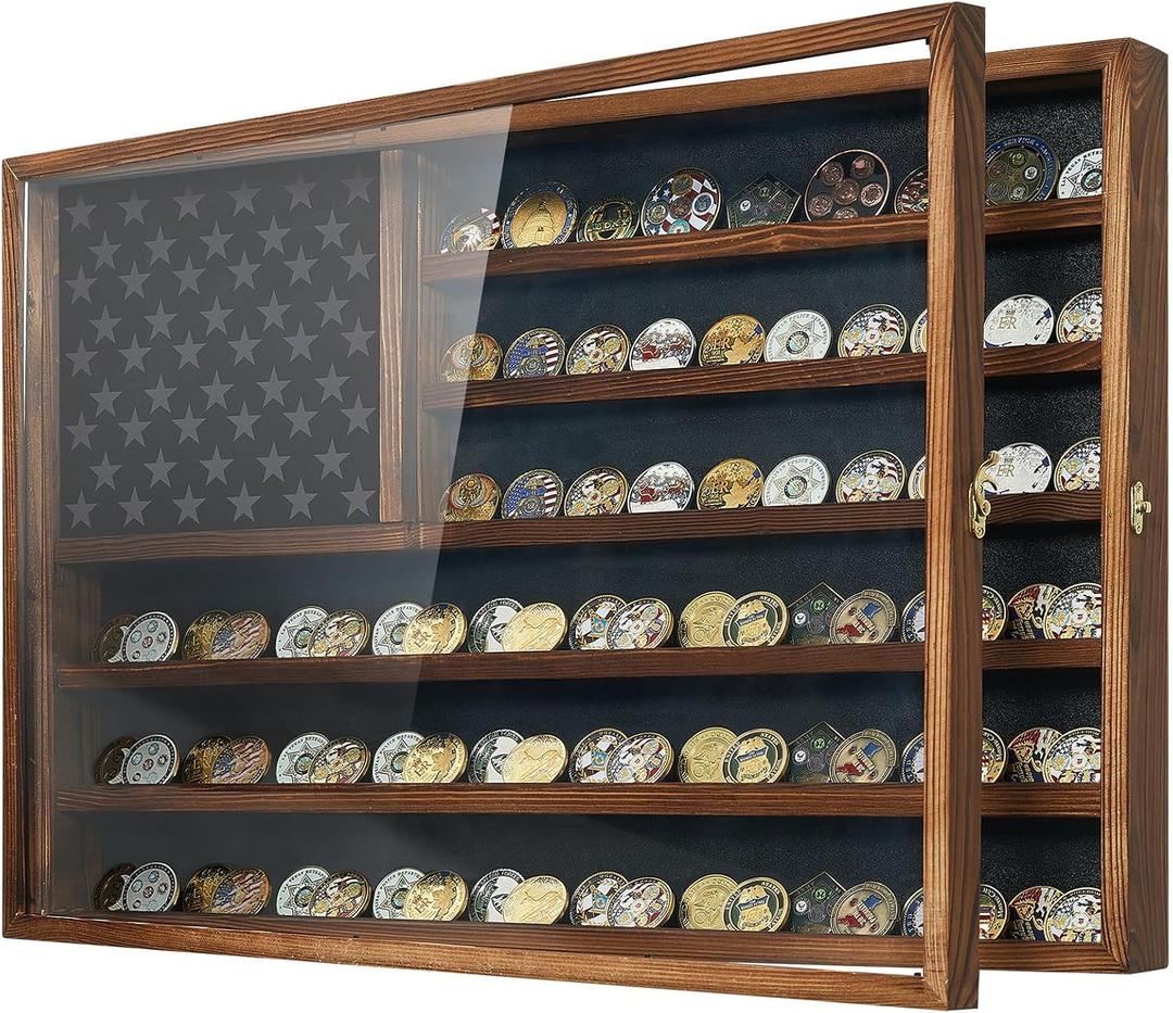 Challenge Coin Display Case, 27.6" x 18.3" Lockable Military Coin Holder Cabinet with Removable Star Board, Solid Wood Coins Cases for Collectors Plexiglass Coins Rack Stand