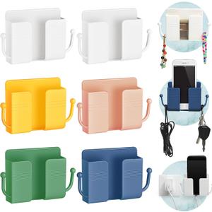 Jetec 6 Pcs Wall Mount Phone Holder Self-Adhesive Wall Beside Organizer Storage Box Plastic Charging Phone Stand Remote Brackets Holder for Bedroom(White, Yellow, Green, Pink, Blue)