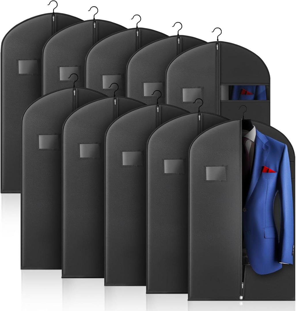 10 Pack 40-inch Garment Bags for Travel, Garment Bags for Hanging Clothes with Zipper and Visible Transparent Window, Black