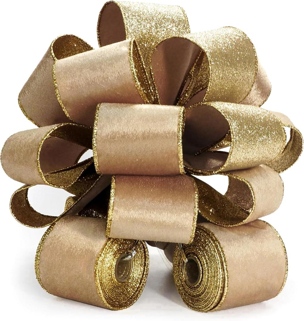 Christmas Tree Topper Bow - Bow: 11" sq. - Tails: 3 Yards Long Each - Velvet Glitter Champange