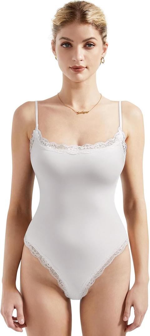 SUUKSESS Women Square Neck Lace Bodysuit Sleeveless Spaghetti Strap Tank Top (Medium, Snow White) SUUKSESS Women Square Neck Lace Bodysuit Sleeveless Spaghetti Strap Tank Top (Medium, Snow White)