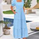 PRETTYGARDEN Women's Summer Dresses 2026 Puff Sleeve Square Neck High Waist Smocked A-Line Flowy Loose Fit Midi Dress (Blue, S)