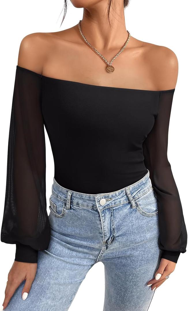 REORIA Womens Off The Shoulder Sheer Mesh Puff Long Sleeve Thong Bodysuit Tops (Medium, Black)