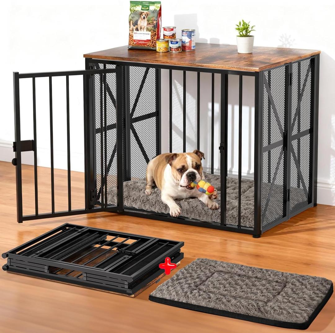 Dog Crate Furniture Foldable with Dog Bed Mat, 27" No Assembly Decorative Dog Kennel Indoor, Heavy Duty Small Collapsible Dog Crates for Small Dogs (Under 25 lb), Wooden Dog Cage