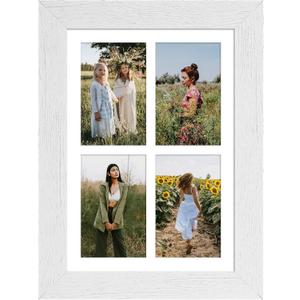 9x13 Picture Frame Display 4 opening 4X6 Picture Frame Collage,Multi Photo Frame with Mat,Plexiglass,Wall or Tabletop Decor,Distressed White Wood Grain