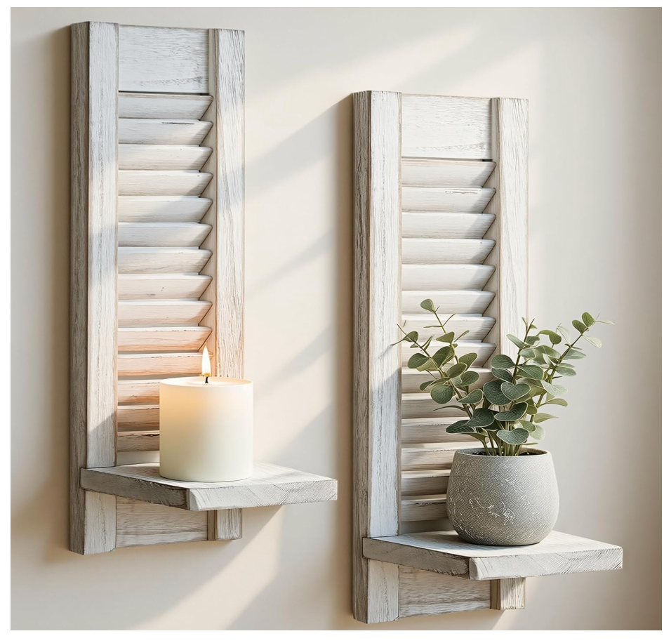 Farmhouse Candle Sconces Set of 2, Distressed White Wood Shutter Wall Candle Holder, Hanging Wall Decor for Living Room Bedroom Bathroom, 15.7" H
