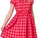 Little Bitty Girls Gingham Dress Sleeveless Checkered Peter Pan Collar Swing Kids Plaid Summer Sundress Party 2-7 Years (Red)