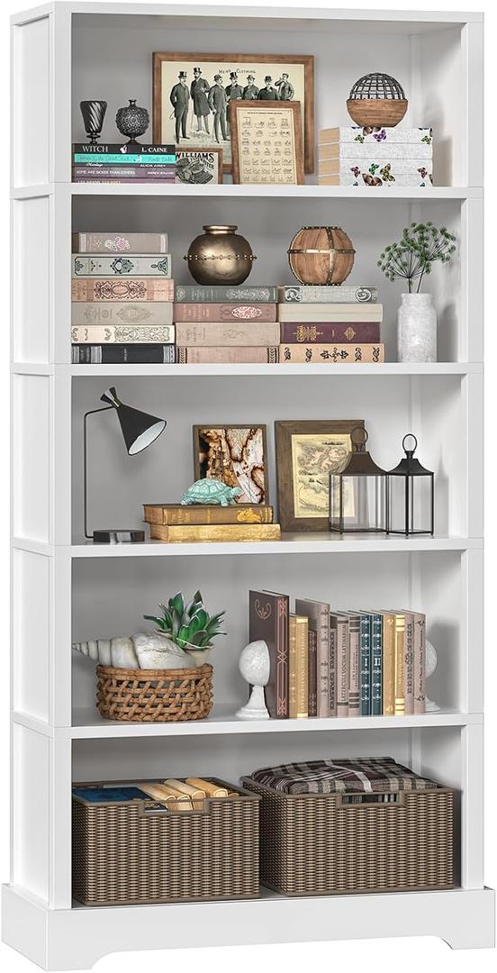 TVU 5-Tier Wooden Book shelf, 65"H  31.5"W  9.9D Bookshelf with Storage, Floor-Standing Display Bookcase, Farmhouse Style Bookshelf with Arched Base, Suitable for Living Room, Study, Office, White