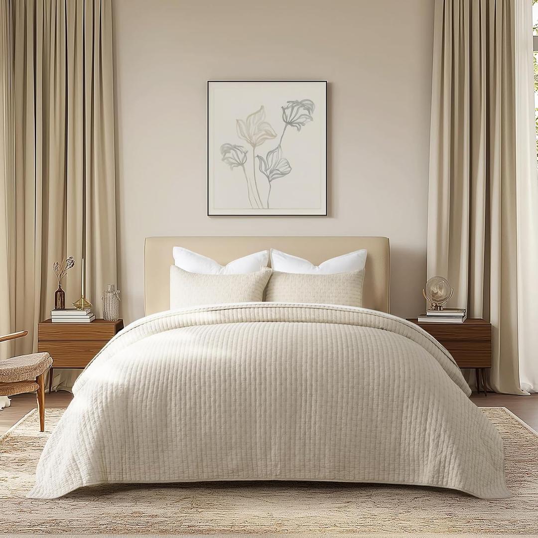 100% Cotton Cross Stitch 3-Piece Quilt Set, King, Flax Beige | 100% Cotton, Elegant Cross Stitch, Soft & Breathable, Prewashed Softness, Oversized Design, OEKO-TEX® Certified
