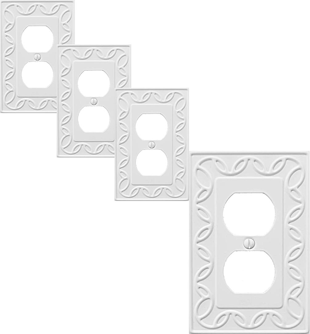 Single Duplex Outlet Cover Plate, 4-Pack White NovaBloom Metal Wall Plate 1 Gang, Light Switch Cover, for Receptacle Light Switch, Switch Cover Decorative Wallplate, Durable