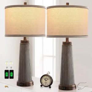 Set of 2 Farmhouse Touch Table Lamps for Living Room, 3 Way Dimmable Table Lamp with Dual USB Ports, Rustic Vintage Nightstand Lamp for Bedroom Bedside End Table Entryway, 2 Bulbs Included (bronze)