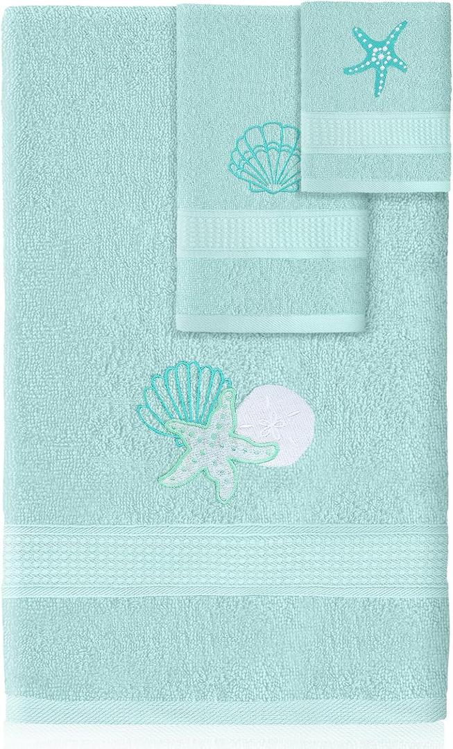 3 Pcs Coastal Seashell Bathroom Towel Set Farmhouse Embroidered Coastal Seashell Towels Vintage Decorative 100% Cotton Bath Towel Highly Absorbent Summer Decor Set for Bathroom (Blue) (14.96"L x 11.81"W)