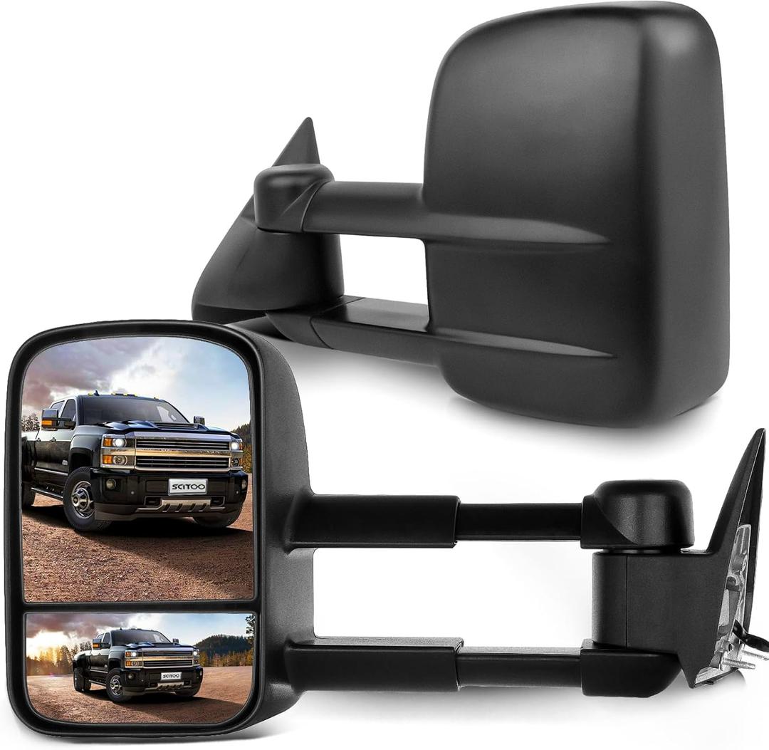 SCITOO Towing Mirrors Fit for 1988-1998 for Chevy for GMC C/K 1500 2500 3500 Power Adjusted Black Tow Mirror Manual Folding Manual Telescoping