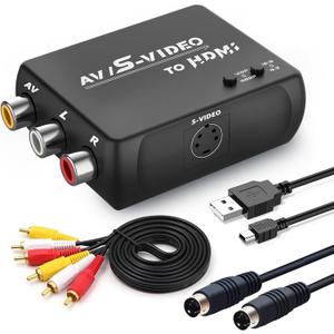 S Video RCA to HDMI Converter with RCA Cable + Svideo Cable + USB Cable, S-Video AV to HDMI Converte Compatible for PAL/NTSC for TV/PC/PS1/PS2/ STB/Xbox/VHS/VCR/DVD