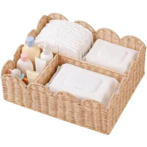 Rattan Diaper Caddy with Divider, Wicker Scalloped Baby Basket
Diaper Bag for Baby Essentials,Changing Table Organizer,Storage for Infant Stuff