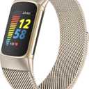 surundo Compatible with Fitbit Charge 6/Charge 5 Bands for Wmen Men, Metal Mesh Milanese Loop Adjustable Strap Replacement for Fitbit Charge 6/Charge 5 Advanced Fitness & Health Trackers (Starlight)