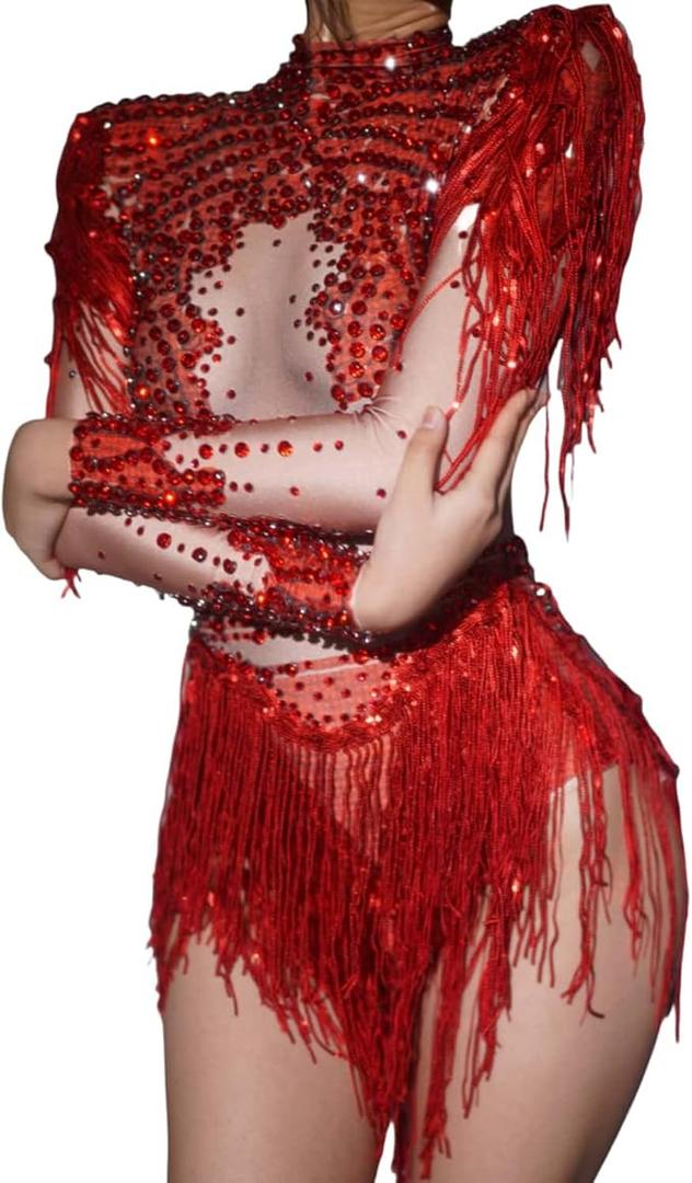 Women Diamonds Sequins Tassel Bodysuit Night Stage Wear Sexy Performance Latin Dance Costume Party Birthday Outfit One Size