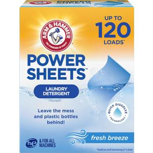 ARM & HAMMER Power Sheets Laundry Detergent, Fresh Breeze Scent, Dissolves in All Wash Temps, Lightweight and Travel-Ready, 60ct, Up to 120 Small Loads