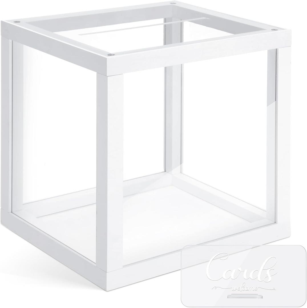 Menkxi Clear Wedding Card Box with Slot 10 x 10 x 8.5 Large Acrylic Card Box for Party Wooden Envelope Holder with Sign for Wedding Quinceanera Birthday Baby Shower Decorations(White,Wood)