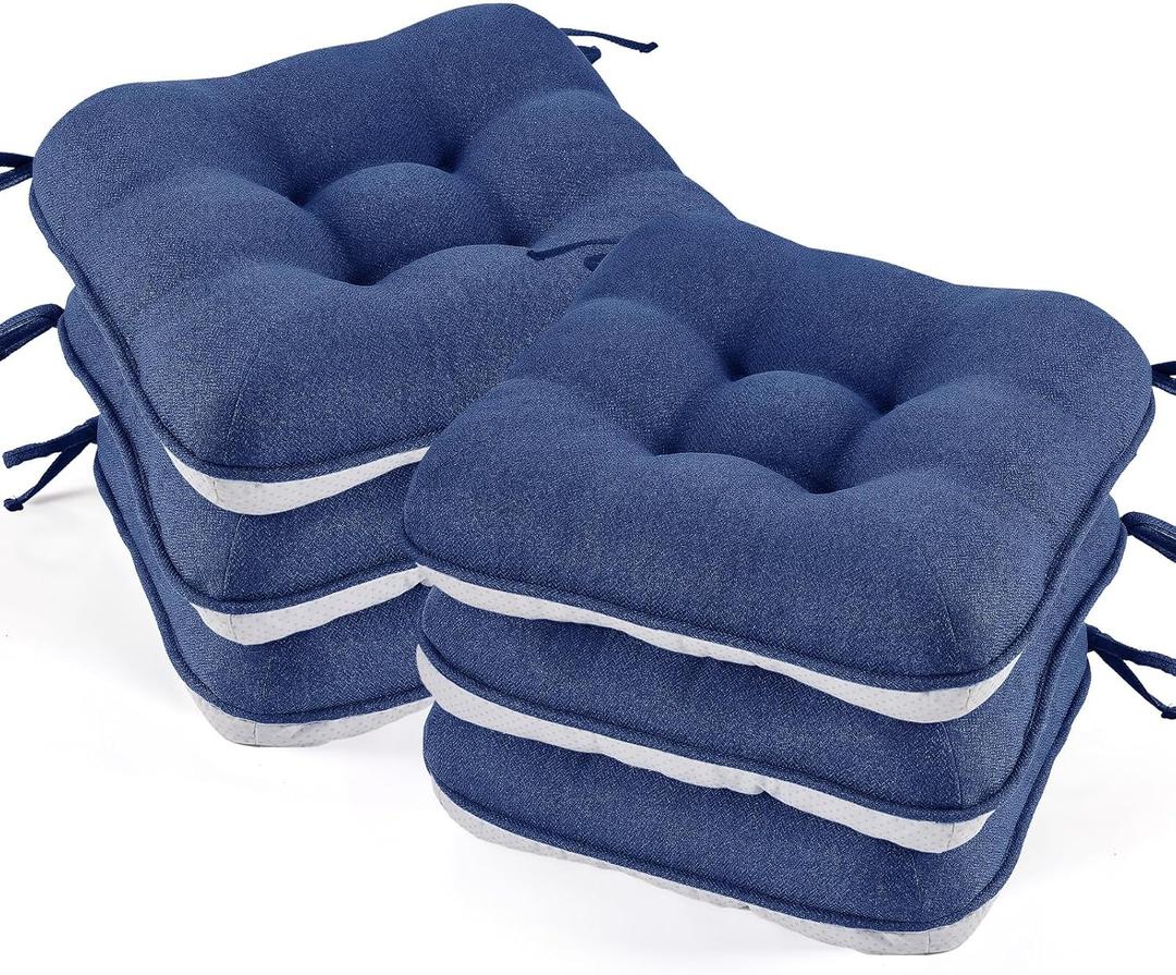 BETU Chair Cushions for Dining Chairs Set of 6,3.5" Thick Kitchen Table Chair Pads with Ties,Non Slip Backing and Covers, Seat Cushion for Dining Room,Bar,Patio Chairs,16"X16"X3.5",Navy Blue