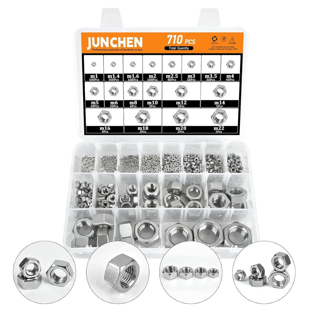 M1-M22 304 (A2-70) Stainless Steel Hex Nut Kit,710pcs 18 Sizes Hex Lock Self-Locking Metric Thread Hardware Nuts Assortment Kit M1 M1.4 M1.6 M2 M2.5 M3 M3.5 M4 M5 M6 M8 M10 M12 M14 M16 M18 M20 M22