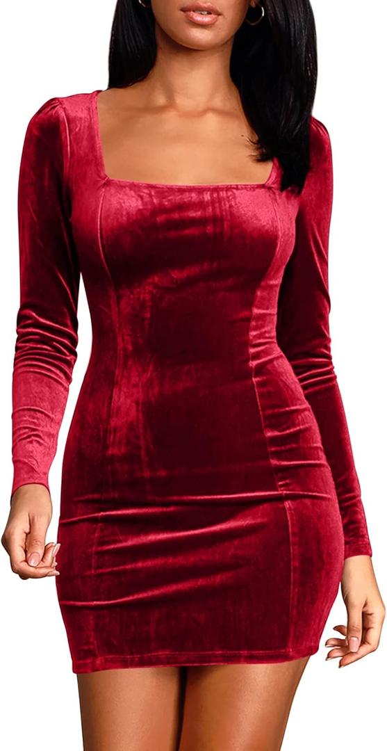 cailami Women's Sexy Bodycon Long Sleeve Velvet Elegant Mini Homecoming Party Dresses (Red, M)