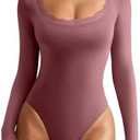 REORIA Women's Sexy Lace Scoop Neck Long Sleeve Double Lined Layering Slim Bodysuit Tops, Small