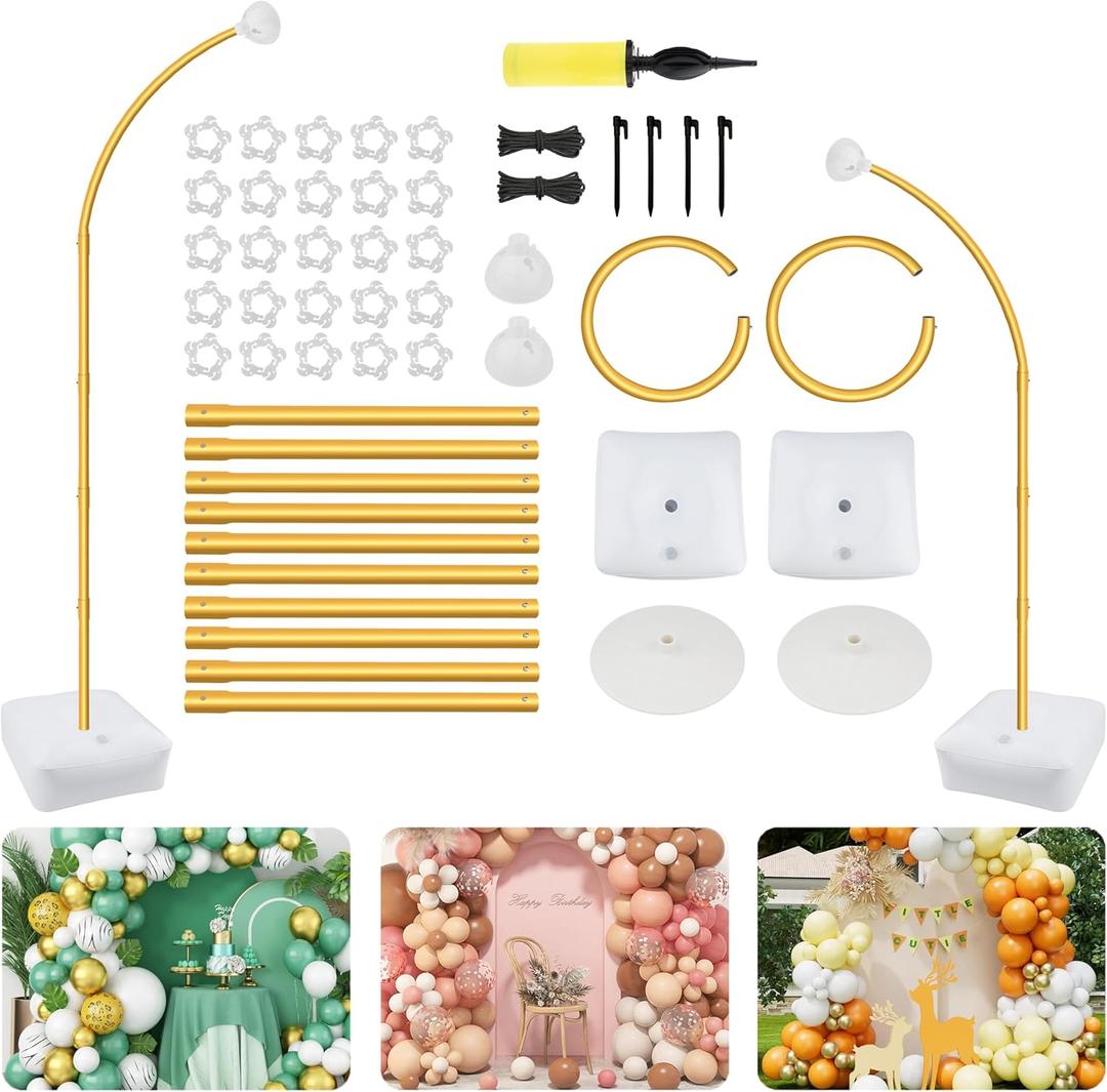 Balloon Arch Stand Kit 8.3FT & 6.4FT - Free Bending Top Half Arch Stand with Heavy Base, Extra-Long Balloon Frame for Floor/Wall Decor, Birthday Wedding Party (Golden) (Golden)