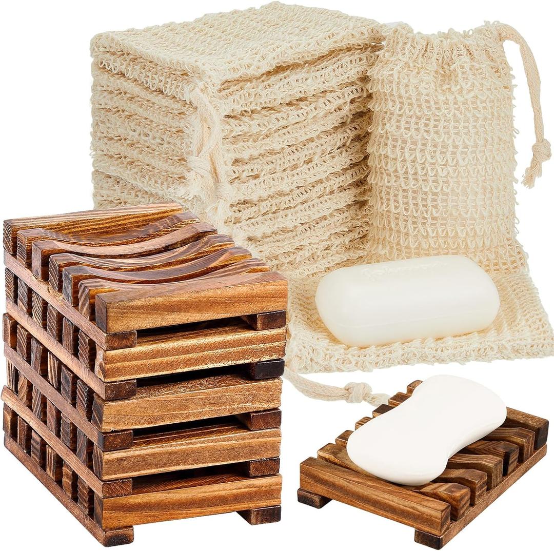 Umigy 40 Pcs Soap Bag and Holder Kit - Sisal Soap Saver Bags, Bamboo Wood Holder Tray for Shower Bath Use (Beige,Charcoal)