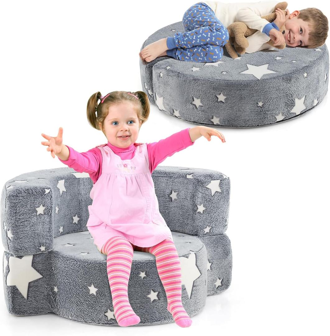 Costzon Kids Couch, 2 in 1 Convertible Toddler Reading Chair Sofa Glow in The Dark with 8-inch Sitting Cushion, Flannel Cover, Lightweight Children Plush Sofa Chair for Boys Girls Gifts (Small, Grey)