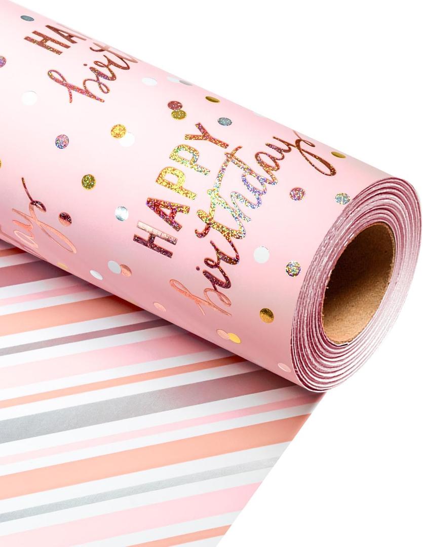 MAYPLUSS Birthday Wrapping Paper Roll, Pink Metallic Holographic Happy Birthday Wrapping Paper Featuring Reversible Stripe Gift Wrap Paper for Girls Boys Kids Men, 17 Inches x 33 Feet