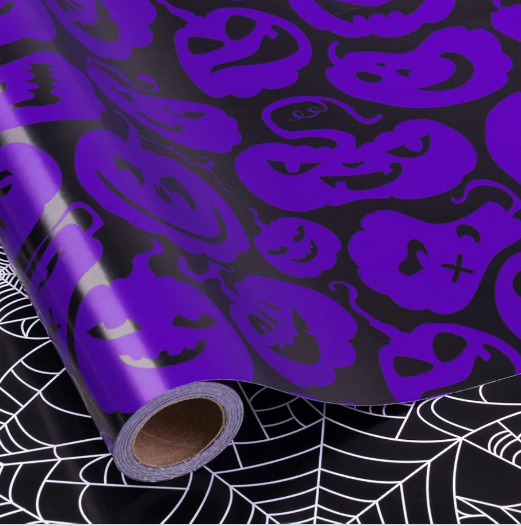 RUSPEPA Reversible Halloween Wrapping Paper, Mini Roll, Black Spider Web and Purple Ghost Design Gift Wrap Paper for Halloween Party, Trick or Treat, Birthday, Holiday Presents, 30 Inches x 32.8 Feet