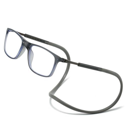 Magnetic Reading Glasses with Front Connect Blue Light Blocking, Comfortable Neck Hanging Readers for Men and Women (GRAY, +2)