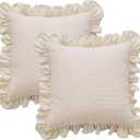Waffle Weave Textured Throw Pillow Covers Set of 2 with Washed Cotton Retro Ruffle Flounces Trim Solid Decorative Pillow Cases for Home Livingroom and Bedroom Decor 18x18 Inch (Beige, 18x18 in)