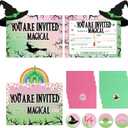 24 Packs Witch Party Decorations Pink and Green Theme Birthday Invitation Card with Envelopes Witch Hat Princess Crown Sticker for Kid Musical Movie Fan Birthday Party Decorations Supplies(4 Styles)