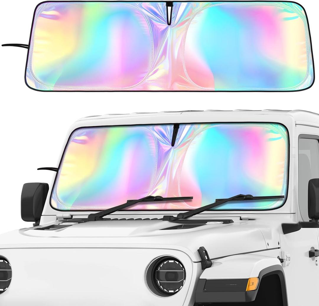 DaisyInner Windshield Sun Shade Compatible with Jeep Jk Jku Jl Jlu 1997-2025 and Compatible with Gladiator Jt 2020-2025 Foldable Windshield Sun Visor Blocks UV Rays(Laser,16.5" X 52.5")