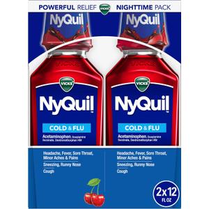 Vicks NyQuil, Nighttime Relief of Cough, Cold & Flu Relief, Sore Throat, Fever, & Congestion Relief, Cherry Flavor, Twin Pack, 12 FL OZ