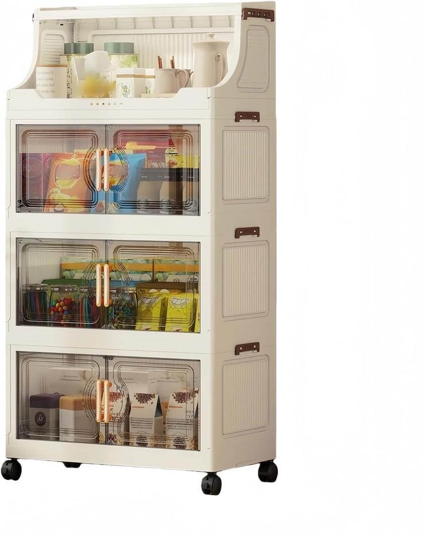 174QT Stackable Storage Bins with Lids & Rack, 4 Tier Large Capacity Foldable Storage Cabinet, Clear Collapsible Pantry Organizer for Home, Kitchen, Bathroom, Dorm, Office