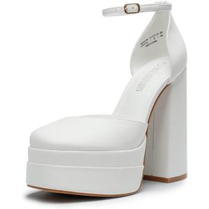 DREAM PAIRS Womens High Chunky Platform Closed Toe Block Heels Square Toe Ankle Strap Dress Wedding Party Pumps Shoes Aurelia (9, White)