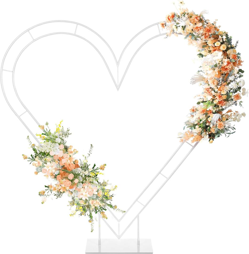 7FT Heart Arch Stand Double Heart Shaped Balloon Stand Wedding Arch for Proposal Ceremony Valentine's Day Birthday Party Baby Shower Decoration (White)