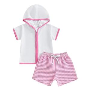 Nibbcoa Kids Baby Boy Girl Swim Cover Up Toddler Seersucker Swim Trunks and Short Sleeve Coverup Beach Bathing Suit Swimwear (Pink, 3-4T) 2 pack