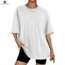 Women Crewneck Loose Fit Tunic Tops Short Sleeve Dressy Casual Summer Long Tee Shirts M TRENDY QUEEN