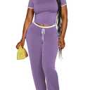 PINSV Women's 2 Piece Outfits Short Sleeve Tops and Long Pants Tracksuit Lounge Sets Lilac L (Purple, L)