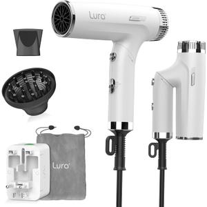 LURA Auto Dual Voltage Hair Dryer for International Travel,Travel HairDryers with Difffuser,Small Portable Blow Dryer for Women(White) Lightweight,Compact Mini Blowdryers with Folding Hand for Kids