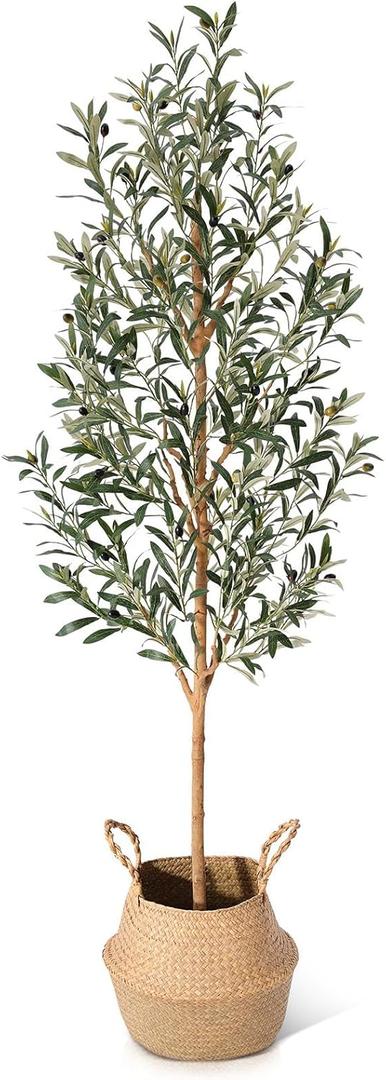 Faux Olive Tree 6FT  Tall Artificial Plants Indoor with Real Wood Trunk & Seagrass Basket, Lifelike Silk Leaves & Fruits  Potted Large Fake Trees for Home, Living Room, Bedroom & Office Decor